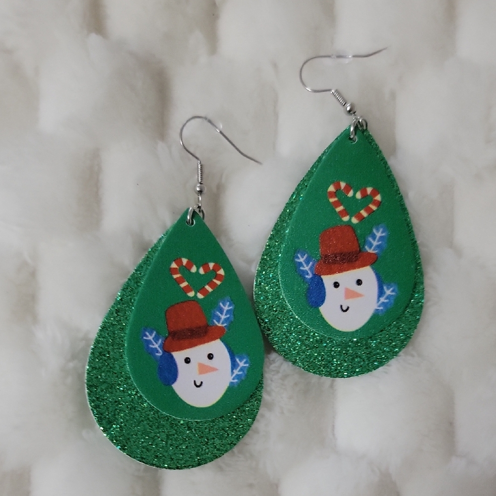 Festive Snowman Green Teardrop Glitter Earrings
